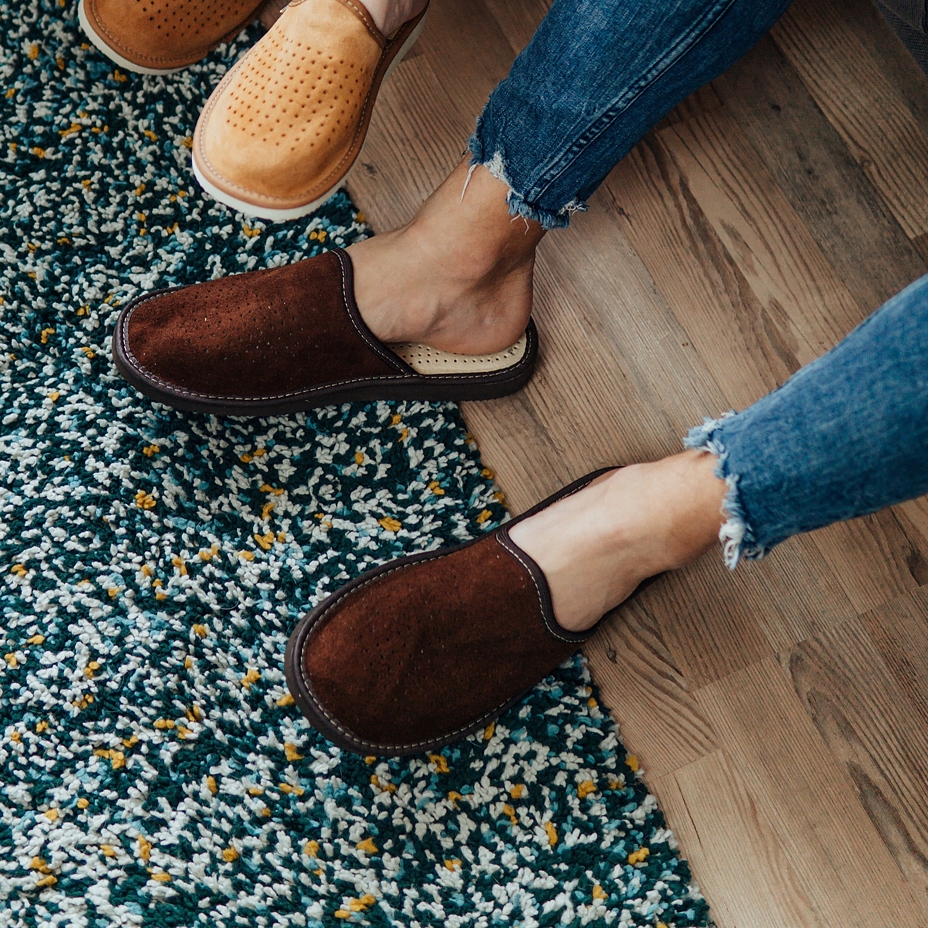 Men's Leather Summer Slippers Dark Brown