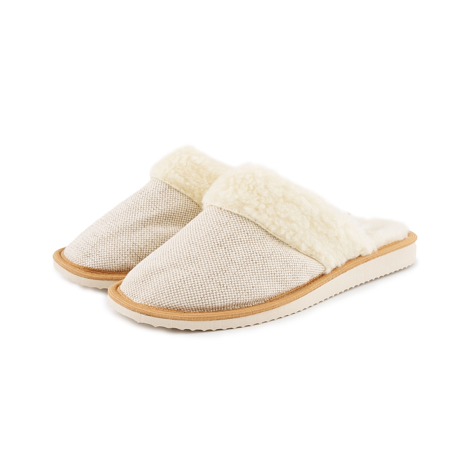 Women’s Linen Slippers with Sheep’s Wool Natural