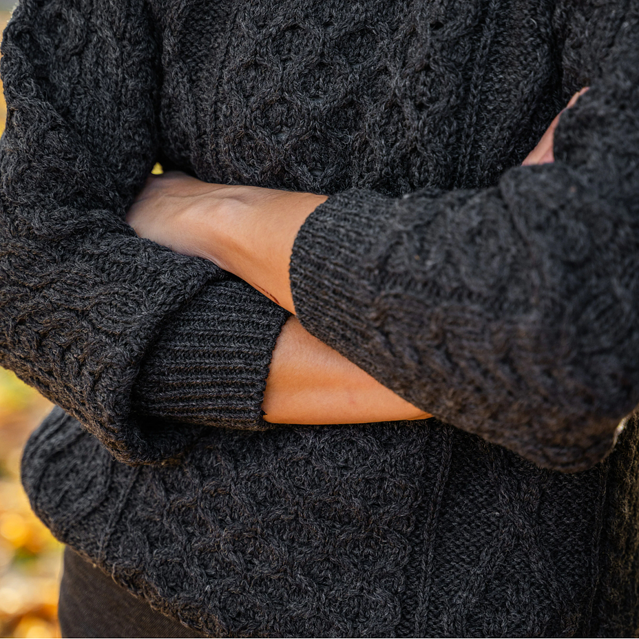 Women's wool sweater with round neckline, dark gray