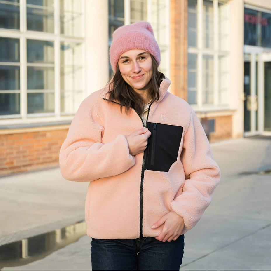 Women's fleece sweatshirt with two-way zipper pink