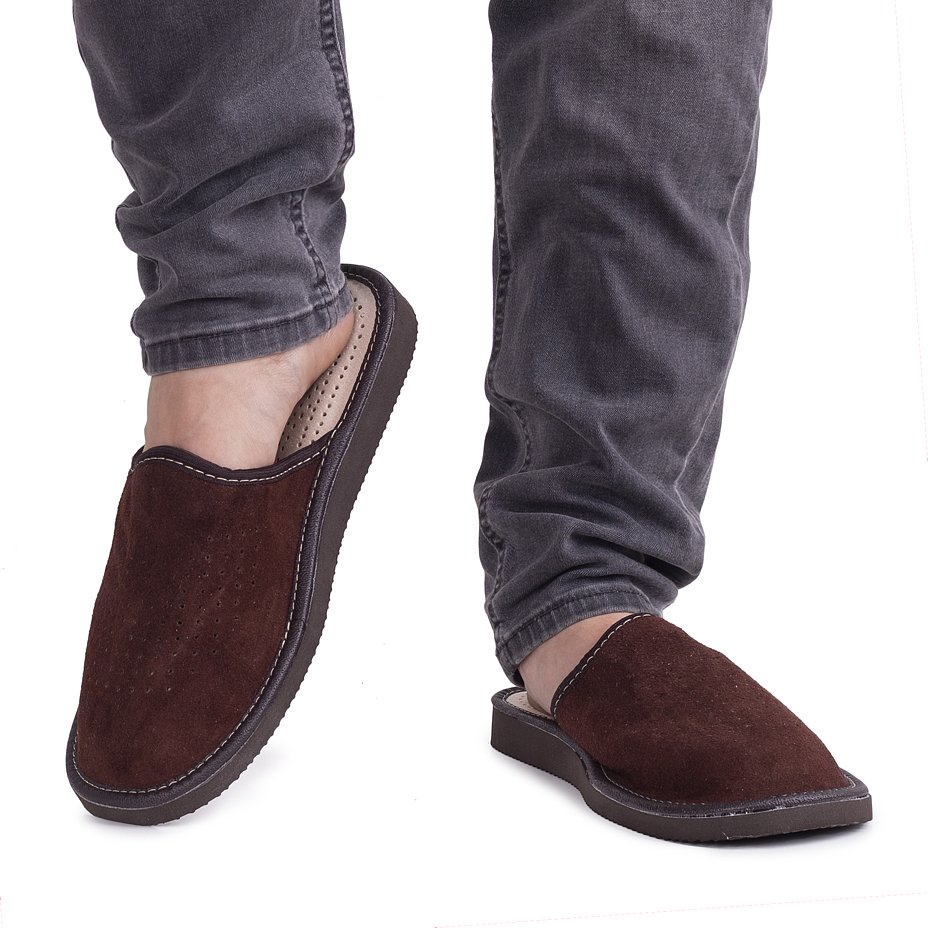 Men's Leather Summer Slippers Dark Brown