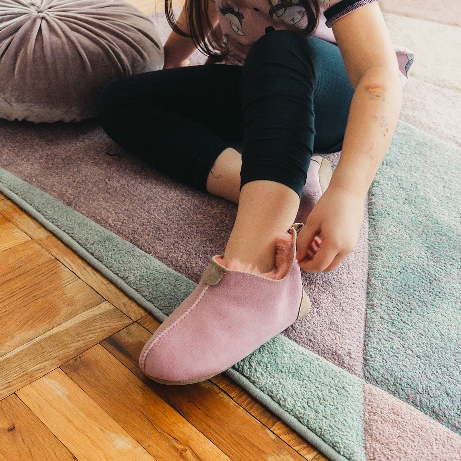 Kids’ Andy Leather Slippers with Wool Lining Pink