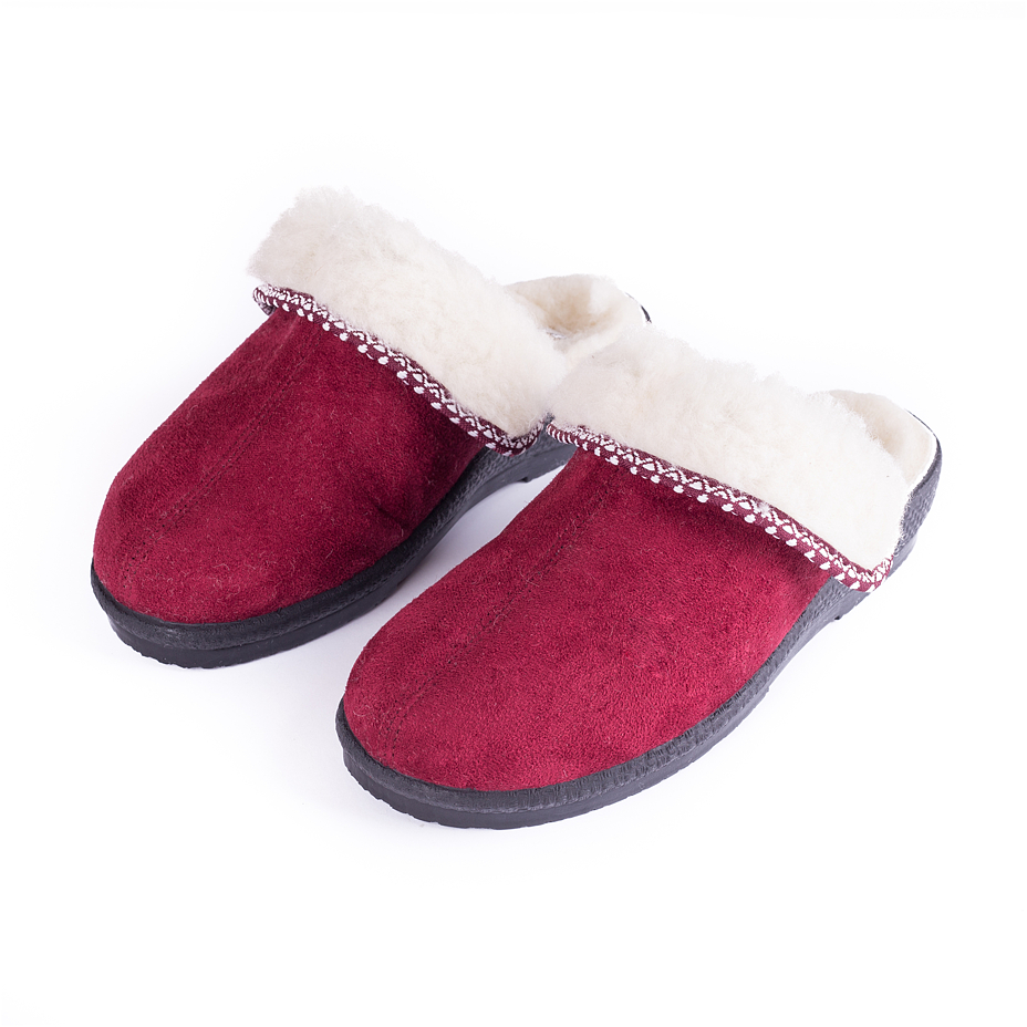 Women's Leather Wedge Heel Slippers with Wool Lining Red
