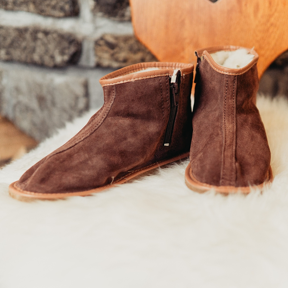 Leather Zip-up Slipper Boots with Wool Lining