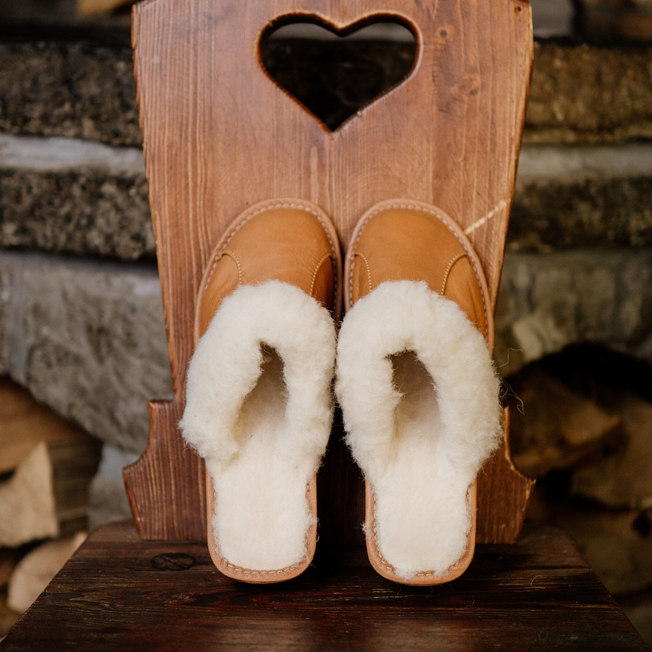 Women's Leather Wedge Heel Slippers with Wool Lining Light Brown