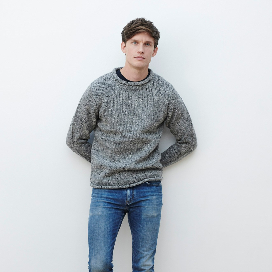 Men's wool sweater with rolled hems, grey
