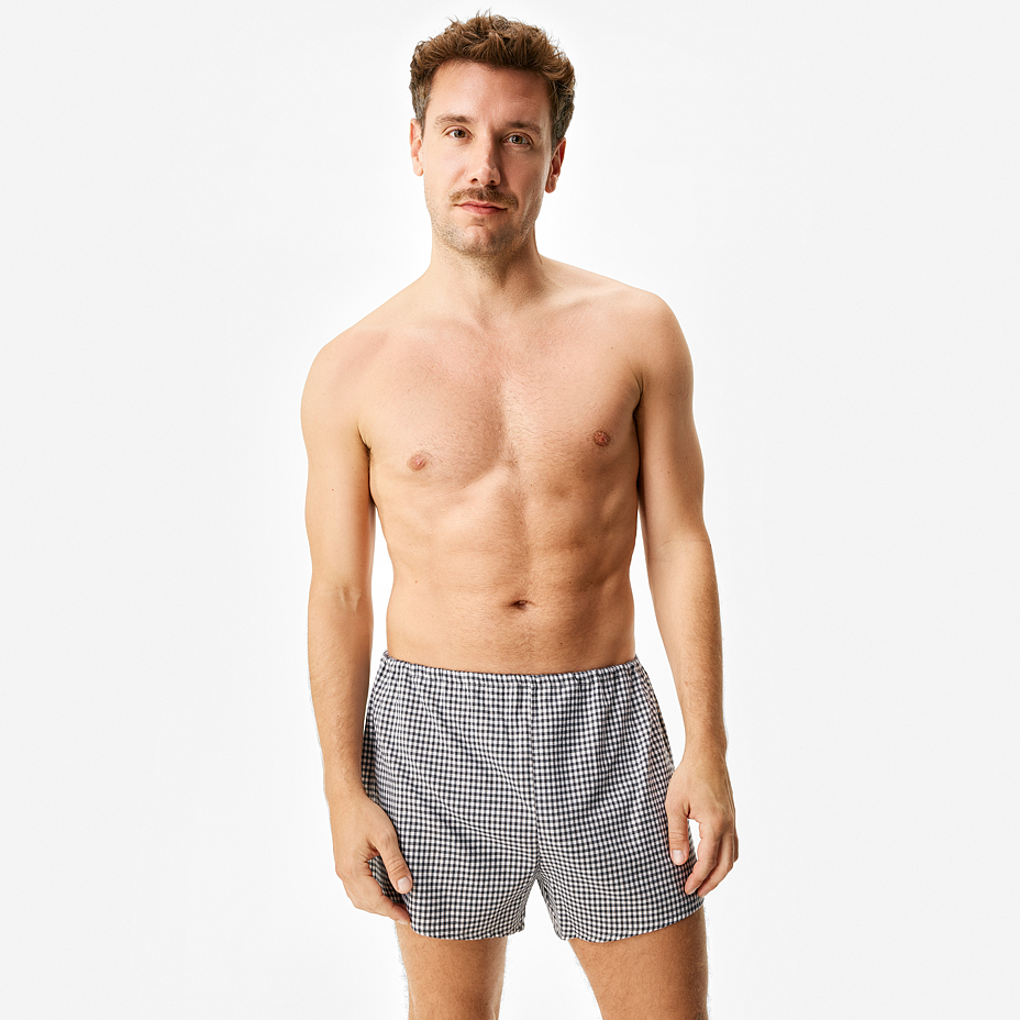 Men's flannel boxers with Merino wool, checkered black and white