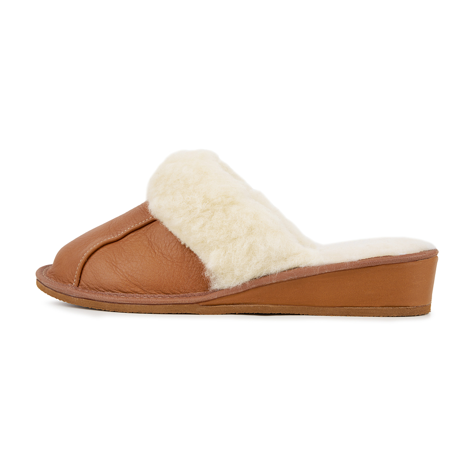 Women's Leather Wedge Heel Slippers with Wool Lining Light Brown