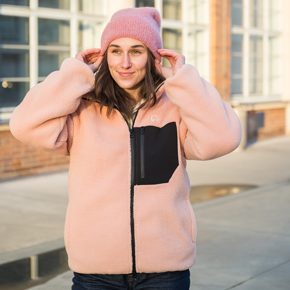 Women's fleece sweatshirt with two-way zipper pink