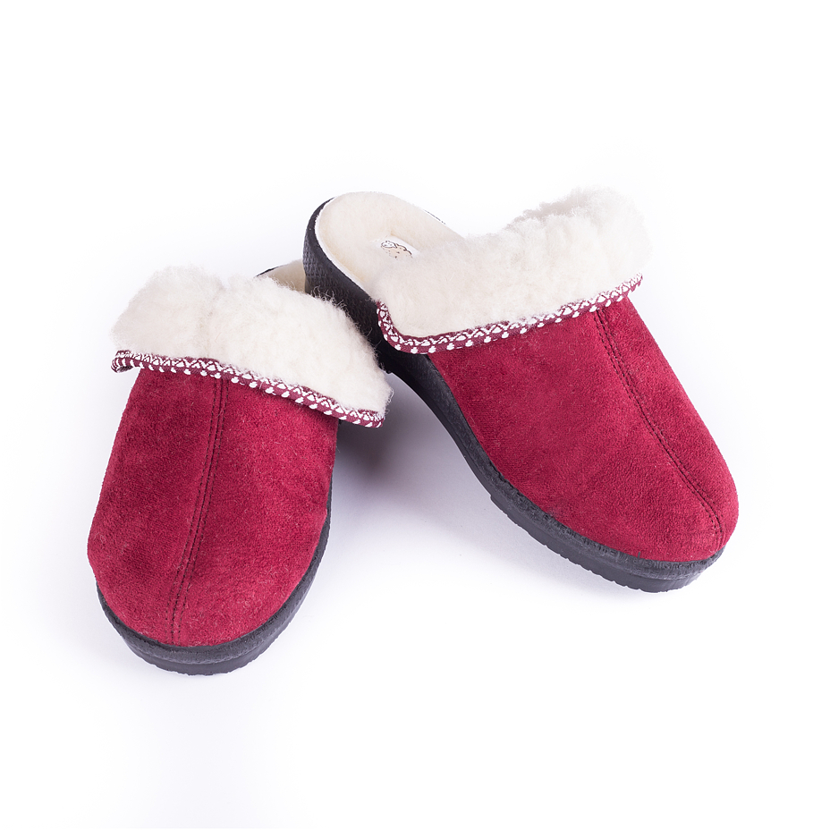 Women's Leather Wedge Heel Slippers with Wool Lining Red