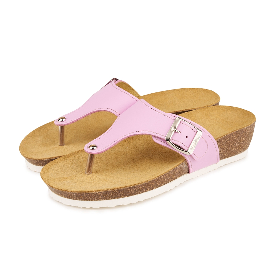 Women's leather flip-flops on cork sole on wedge Agata pink