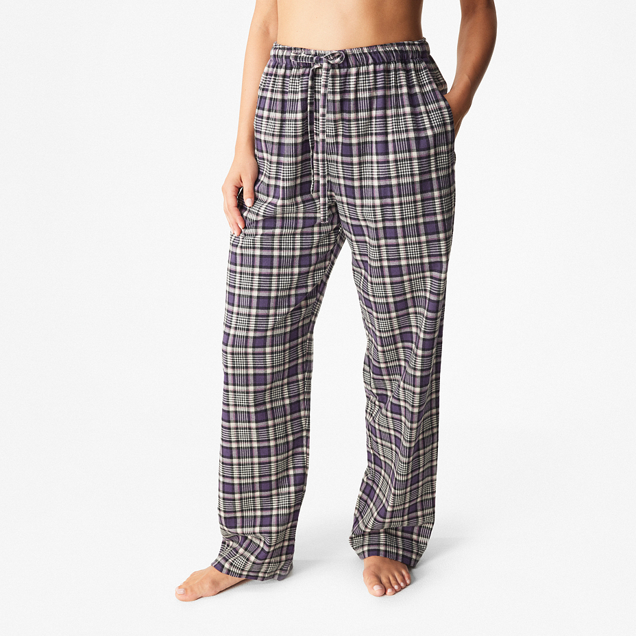 Women's flannel lounge pants with Merino wool, checkered purple