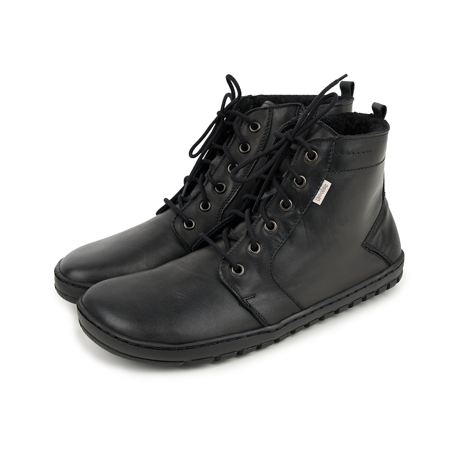 Women's barefoot leather Devon boots with dark sheep wool black