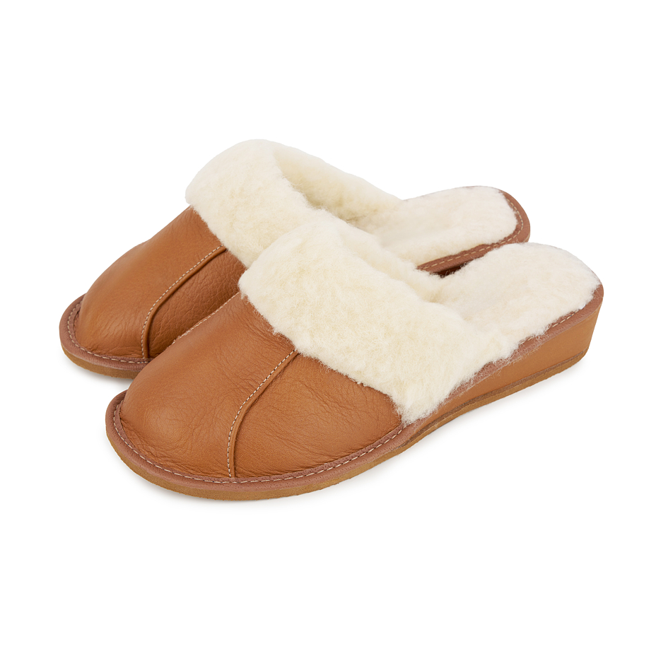 Women's Leather Wedge Heel Slippers with Wool Lining Light Brown
