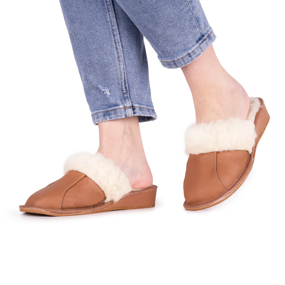 Women's Leather Wedge Heel Slippers with Wool Lining Light Brown